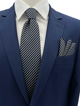 Brianze 7.5 Cm Lacivert Beyaz Çizgili Kravat Mendil Set