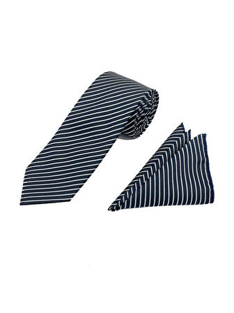Brianze 7.5 Cm Lacivert Beyaz Çizgili Kravat Mendil Set