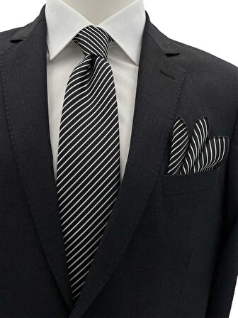 Brianze 7.5 Cm Siyah Beyaz Çizgili Kravat Mendil Set