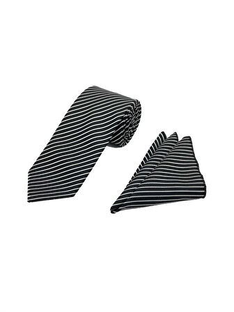 Brianze 7.5 Cm Siyah Beyaz Çizgili Kravat Mendil Set