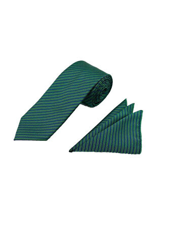 Brianze 7.5 Cm Yeşil Lacivert Çizgili Kravat Mendil Set