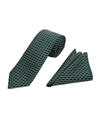 Brianze 7 Cm Yeşil Siyah Beyaz Desenli Kravat Mendil Set
