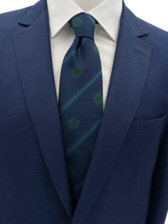 - Brianze 8 Cm Lacivert Yeşil Çizgili Arma Desenli Kravat