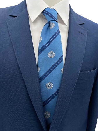 - Brianze 8 Cm Mavi Lacivert Çizgili Arma Desenli Kravat