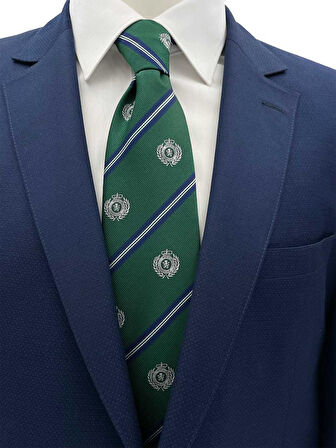 Brianze 8 Cm Yeşil Lacivert Çizgili Arma Desenli Kravat