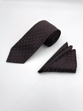 Brianze 8 Cm Kahverengi Mavi Desenli Kravat Mendil Set