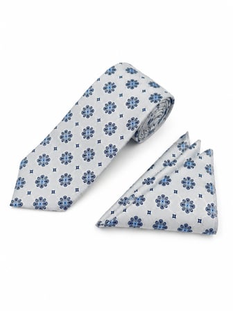 Brianze 8 Cm Açık Gri Lacivert Mavi Motif Desenli Kravat Mendil Set
