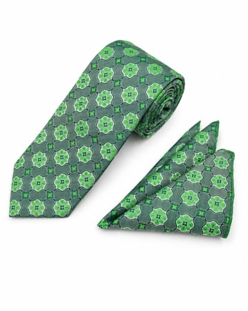 Brianze 8 Cm Yeşil Motif Desenli Kravat Mendil Set