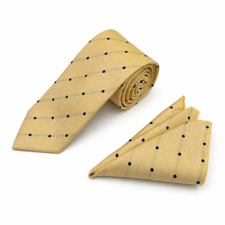 Brianze 8 Cm Sarı Lacivert Puantiye Desenli Kravat Mendil Set