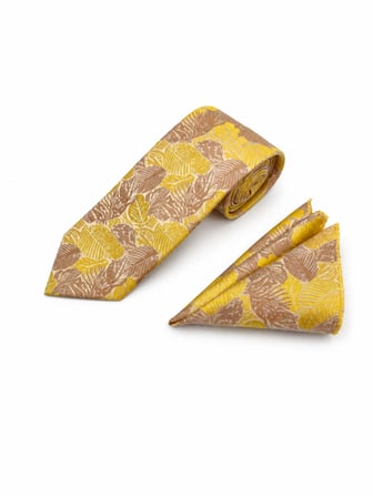 Brianze 8 Cm Sarı Bej Motif Desenli Kravat Mendil Set