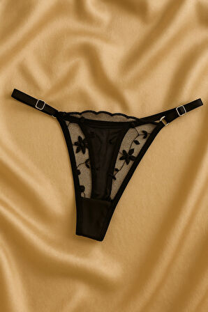 Siyah Çiçek Desenli Dantel Bralet & Külot İç Giyim Takımı