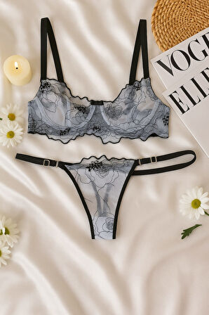 Siyah Çiçek Desenli Dantel Bralet & Külot İç Giyim Takımı