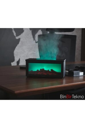 BS-H3 Şömine Tasarımlı Işıklı Buharlı Ultrasonik Aroma Difüzörü Hava Nemlendirici Koku Verici-Siyah