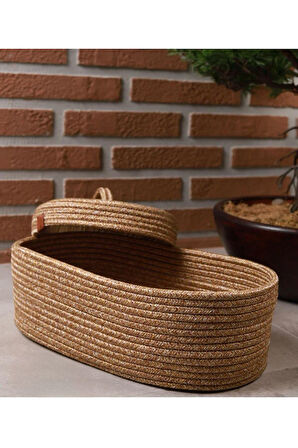 Jüt Hasır Sepet Oval Kapaklı Organizer 30x20