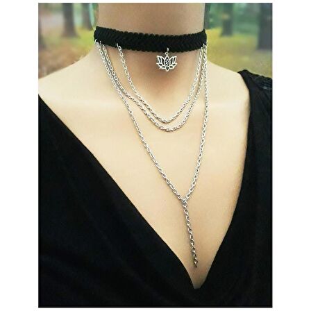 Lotus Çiçeği & Zincir & Özel Dokuma Kadın Choker Kolye