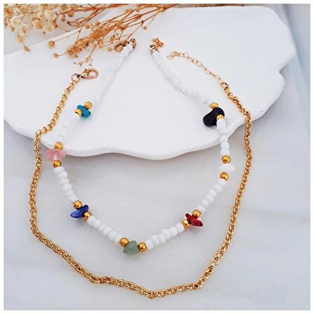 Beyaz Seramik Boncuk & Doğal Taş Çakra & Zincir İkili Choker Kadın Kolye