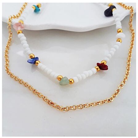 Beyaz Seramik Boncuk & Doğal Taş Çakra & Zincir İkili Choker Kadın Kolye