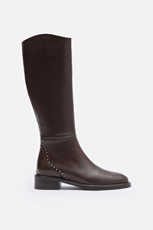 BESTYLE Rider Series Uzun Acı Kahve Gerçek  Deri Fermuarlı Baldır Lastikli  Çizme