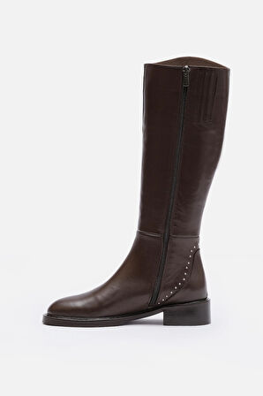 BESTYLE Rider Series Uzun Acı Kahve Gerçek  Deri Fermuarlı Baldır Lastikli  Çizme