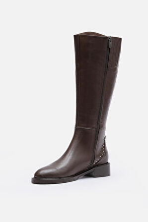 BESTYLE Rider Series Uzun Acı Kahve Gerçek  Deri Fermuarlı Baldır Lastikli  Çizme