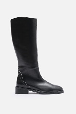 BESTYLE Rider Series Uzun Siyah Gerçek  Deri Fermuarlı Baldır Lastikli  Çizme