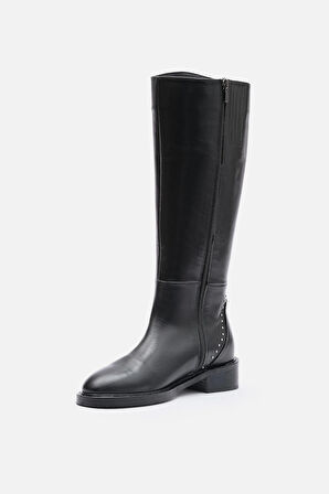 BESTYLE Rider Series Uzun Siyah Gerçek  Deri Fermuarlı Baldır Lastikli  Çizme