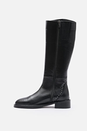 BESTYLE Rider Series Uzun Siyah Gerçek  Deri Fermuarlı Baldır Lastikli  Çizme