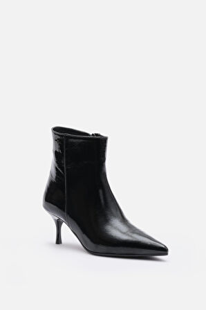 Bestyle NOIR Kadın Siyah Gerçek Rugan Deri İnce Topuklu  Fermuarlı Bot