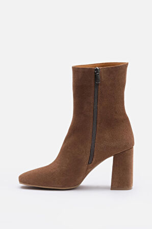 Bestyle İREM Kadın Taba Süet Gerçek Deri Fermuarlı Topuklu Bot