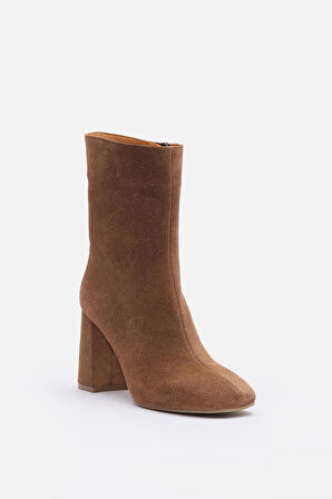 Bestyle İREM Kadın Taba Süet Gerçek Deri Fermuarlı Topuklu Bot