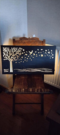 BSD Dekoratif Ağaç,Kuş, Yaprak Desenli Ledli Tablo