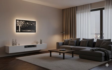 BSD Dekoratif Ağaç,Kuş, Yaprak Desenli Ledli Tablo