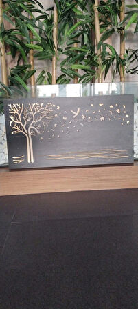 BSD Dekoratif Ağaç,Kuş, Yaprak Desenli Ledli Tablo