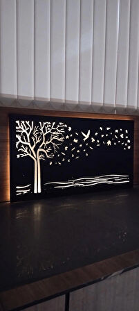 BSD Dekoratif Ağaç,Kuş, Yaprak Desenli Ledli Tablo