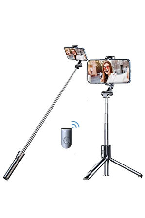 Bluetooth Uzaktan Kumandalı Telefon Tripodu ve Selfie Çubuğu – 3 Kademeli Yükseklik, 360° Döner Başlık, Masaüstü ve Taşınabilir