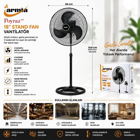 18 İNÇ SANAYİ VANTİLATÖR  3 METAL KANAT: ÇAP:56CM - Y: 140CM - 3 KADEME HIZ   80W (5468)