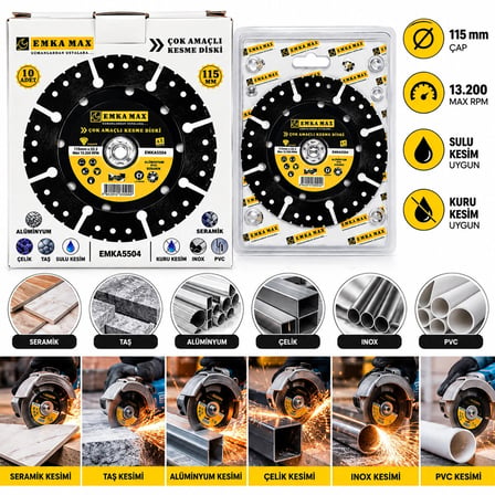 10 ADET ÇOK AMAÇLI KESME DİSK SERAMİK - ÇELİK - PVC - INOX - ALÜMİNYUM - TAŞ 115MMX22.2 (5468)