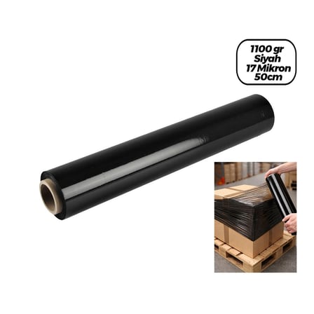 6 ADET BRÜT:1100GR = NET STREÇ :600GR SİYAH KOLİ - PALET STREÇ FİLM 17 MİKRON 50CM (5468)
