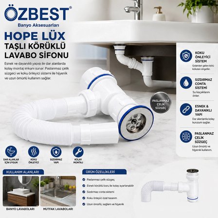 LÜX PASLANMAZ TAŞLI KÖRÜKLÜ LAVABO SİFON (5468)