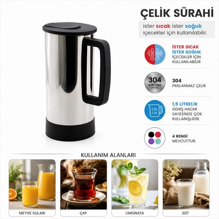 GRİ - PASLANMAZ ÇELİK SICAK - SOĞUK ÇELİK SÜRAHİ (5468)