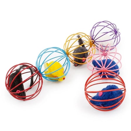 Renkli Metal Kafesli Peluş Fareli Kedi Köpek Oyuncağı Oyun Topu 6 Cm (5468)