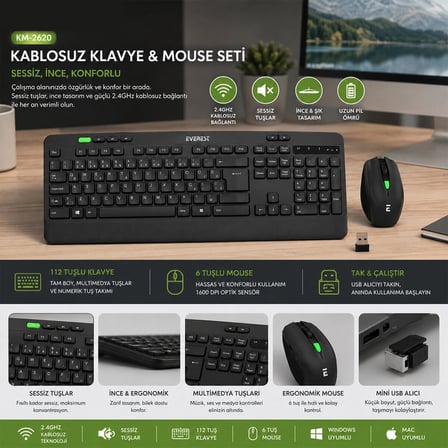 KABLOSUZ KLAVYE - MOUSE SETİ SİYAH USB - SESSİZ - SWİTCH Q KLAVYE KM-2620 (5468)
