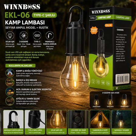 USB ŞARJLI SEYYAR AMPUL MODEL=RUSTİK KAMP LAMBASI MANDALLI KANCA ASKILIK 3-KADEME IŞIK EKL-06 G-912 (5468)