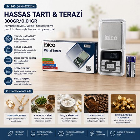 MİNİ=6X12CM HASSAS TARTI - TERAZİ 300GR/0.01GR ŞEFFAF PLS.KAPAKLI - PİLLİ= 2PCS İNCE (5468)