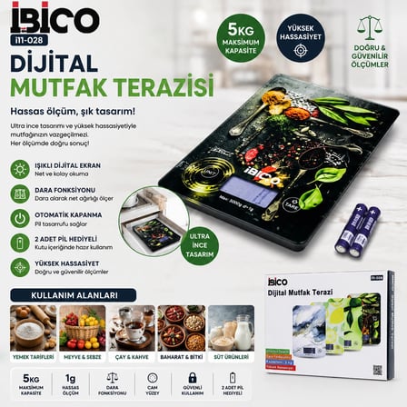 CAM MUTFAK TARTISI TERAZİ LCD EKRAN 5KG/1GR PİLLİ GR/OZ/ML/IB ÖLÇÜM İ11-028 (5468)
