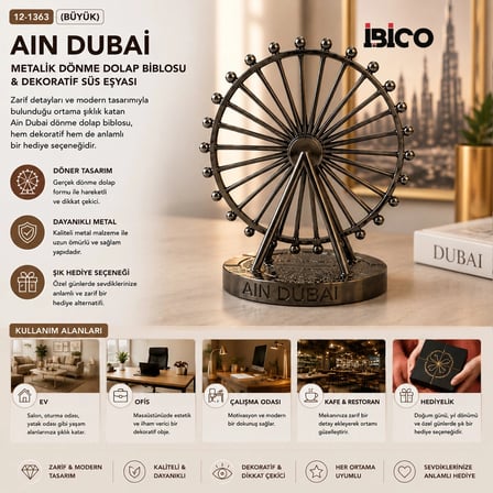BÜYÜK AIN DUBAİ METALİK DÖNME DOLAP BİBLOSU - DEKORATİF SÜS EŞYASI KROM - BAKIR (5468)