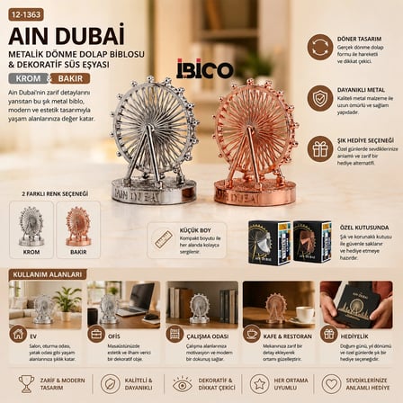 KÜÇÜK AIN DUBAİ METALİK DÖNME DOLAP BİBLOSU - DEKORATİF SÜS EŞYASI KROM - BAKIR (5468)