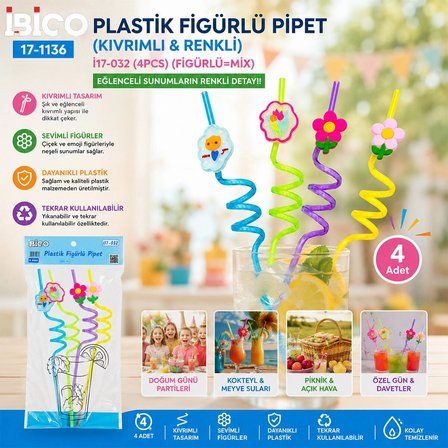 4PCS KIVRIMLI - RENKLİ PLASTİK PİPET FİGÜRLÜ=MİX (5468)