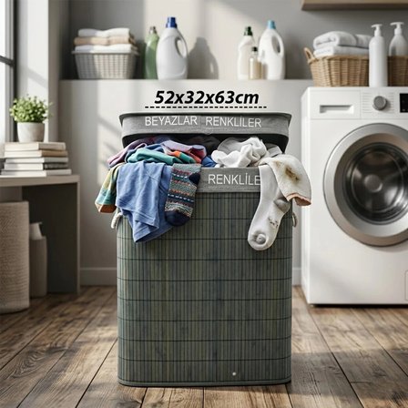 GRİ DİKDÖRTGEN 2 BÖLMELİ 52X32CM Y:63CM BAMBU AHŞAP KİRLİ ÇAMAŞIR SEPETİ KUMAŞ ÇANTALI İP KULP (5468)