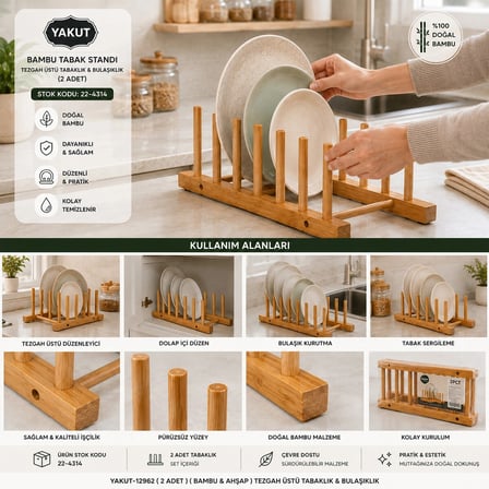 2PCS BAMBU - AHŞAP TEZGAH ÜSTÜ TABAKLIK - BULAŞIKLIK (5468)